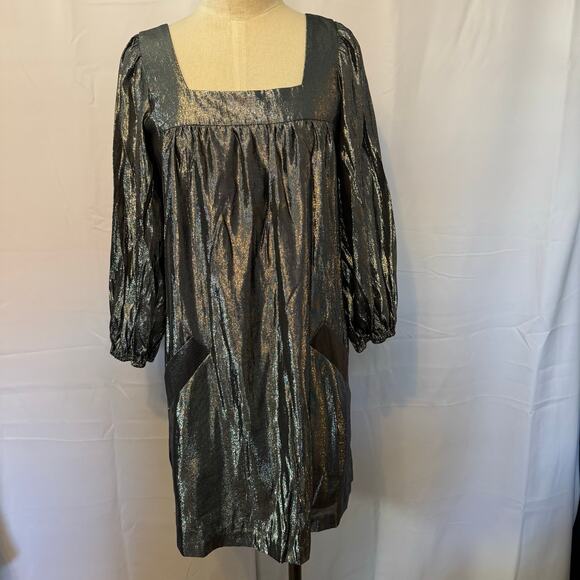 Betsey Johnson Vintage Metallic Silk Babydoll Puff Sleeve Dress Sz 8 Made in USA - Picture 2 of 7